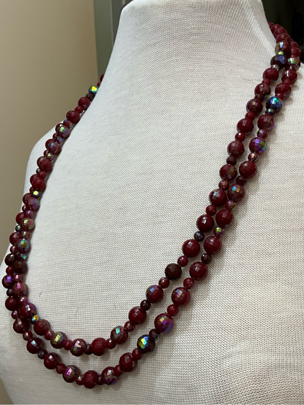 Premier Designs Long Red Iridescent Beaded Necklace Single Strand Convertible